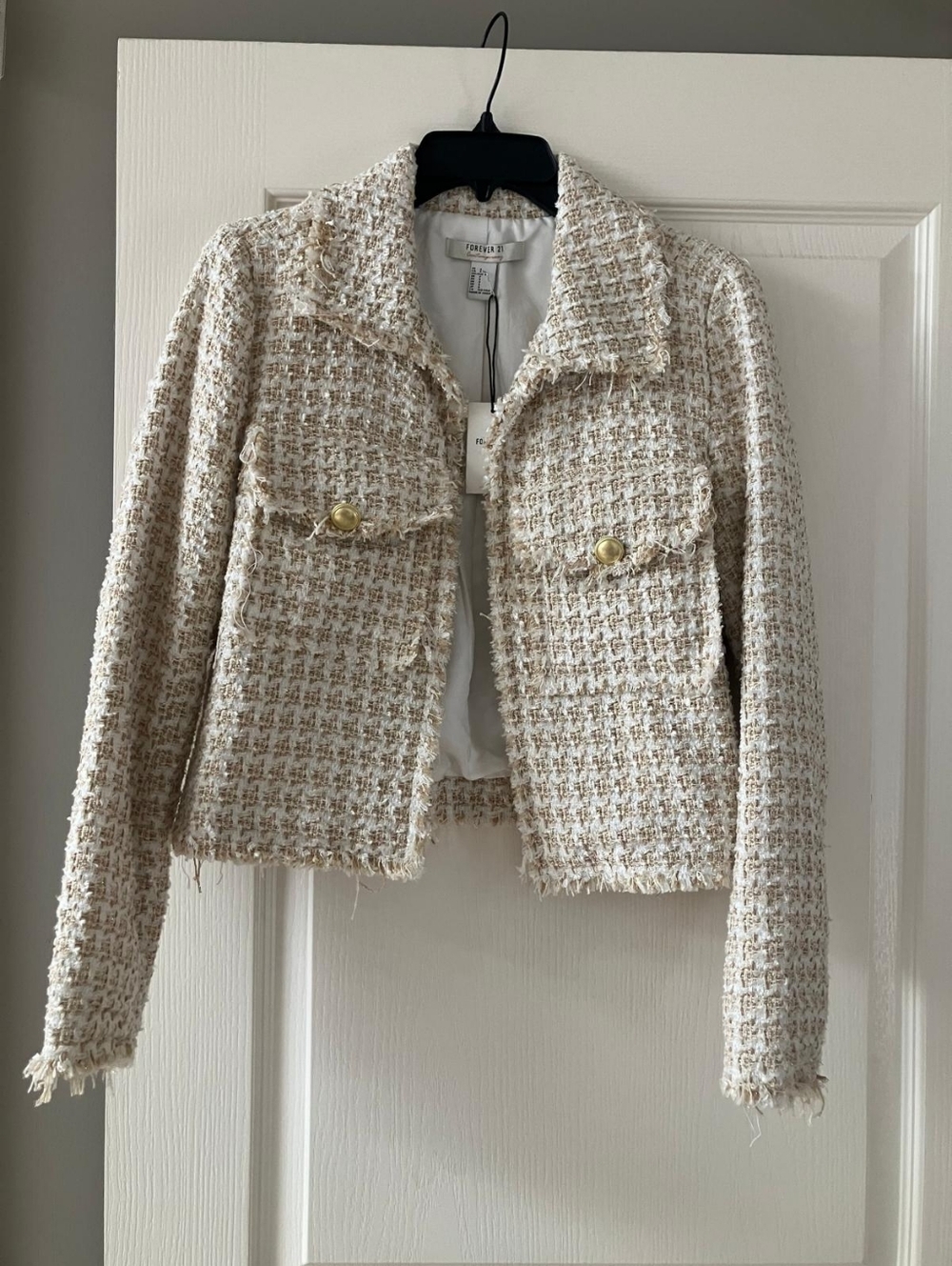 Forever 21 Cream Tweed Fringe Pocket Blazer
